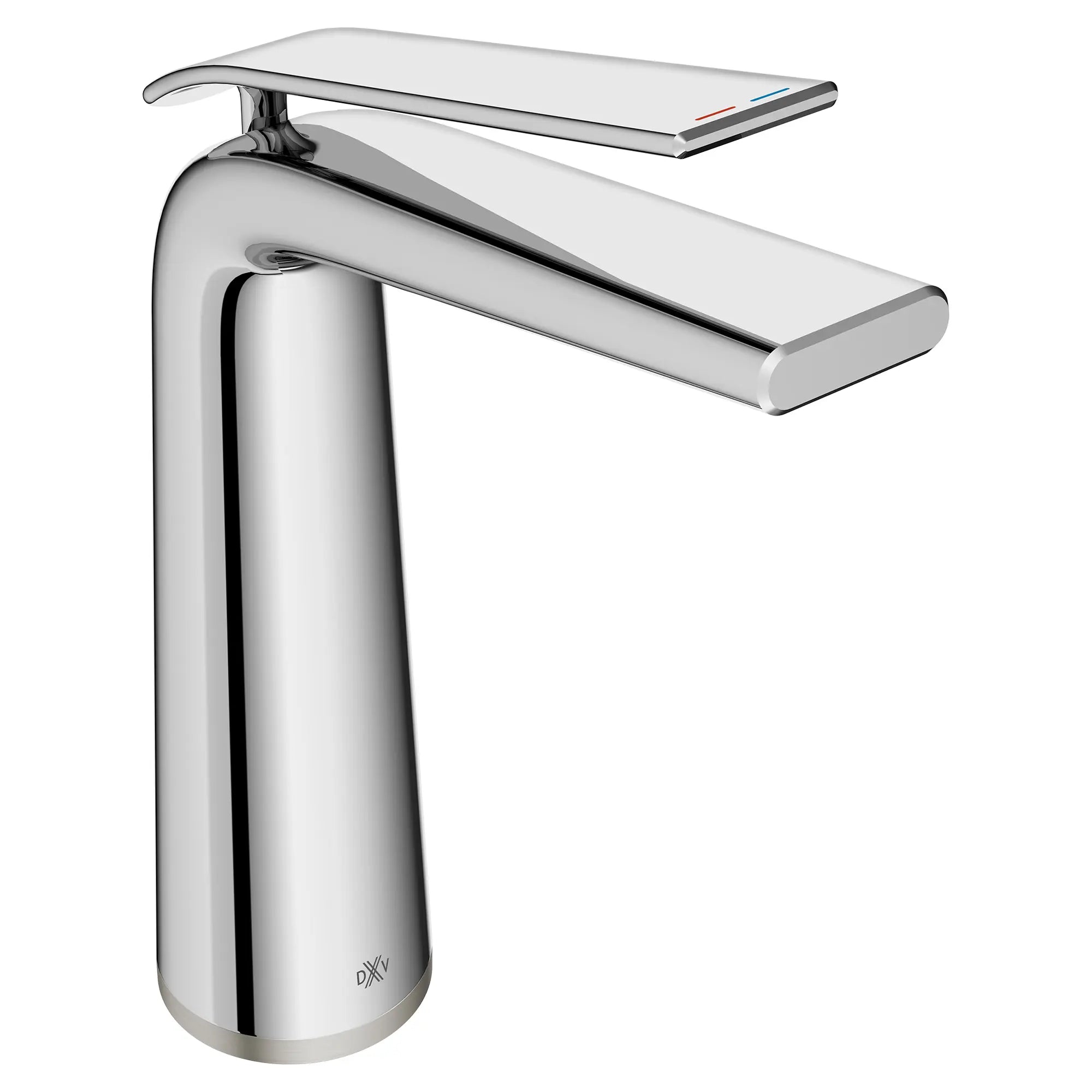 Robinet de lavabo vasque monotrou à poignée unique DXV Modulus avec indicateurs rouge et bleu sur la poignée // CHROME POLI // 95179_D35120152RB.100_CDNwebp.webp