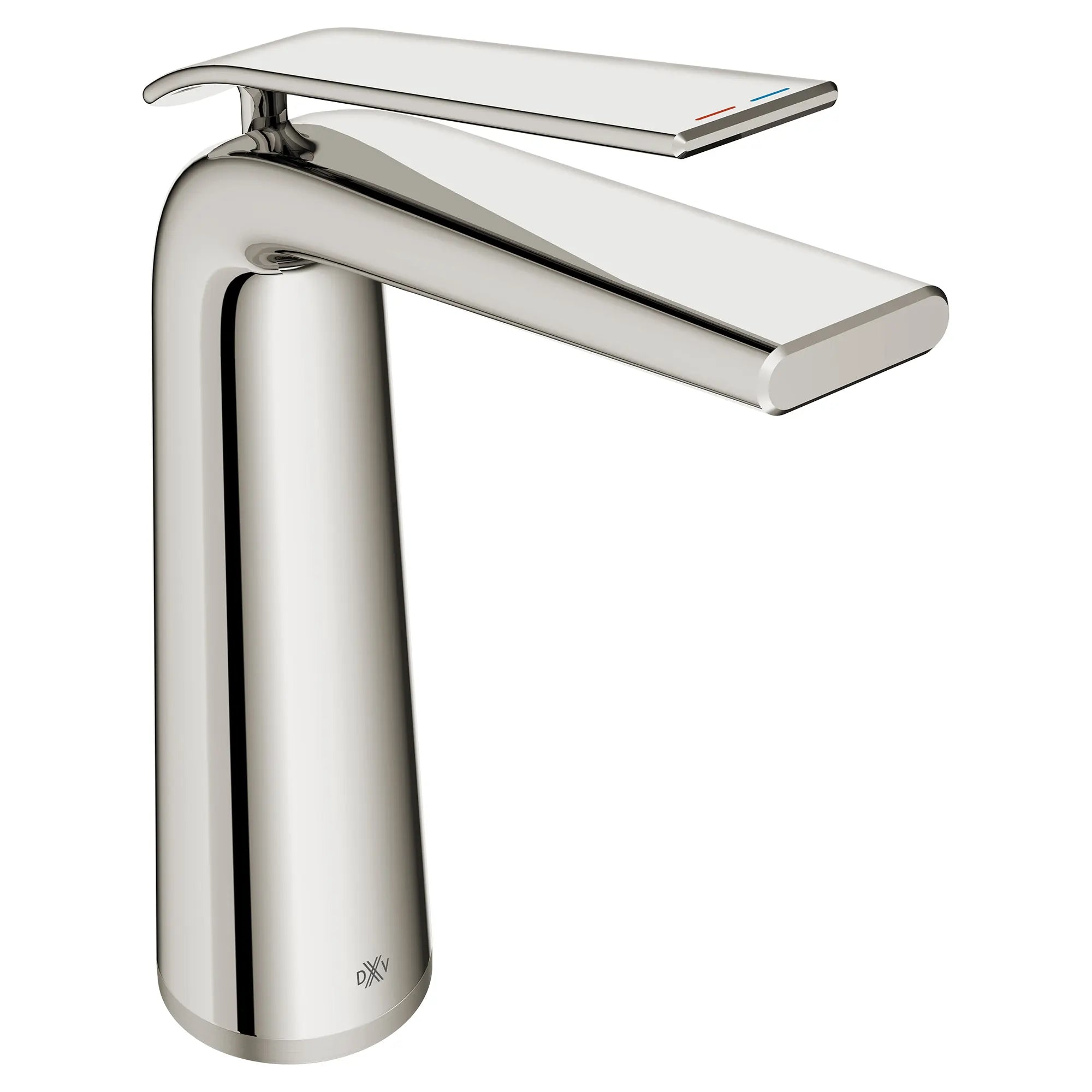 Robinet de lavabo vasque monotrou à poignée unique DXV Modulus avec indicateurs rouge et bleu sur la poignée // PLATINUM NICKEL // 95185_D35120152RB.150_CDNwebp.webp