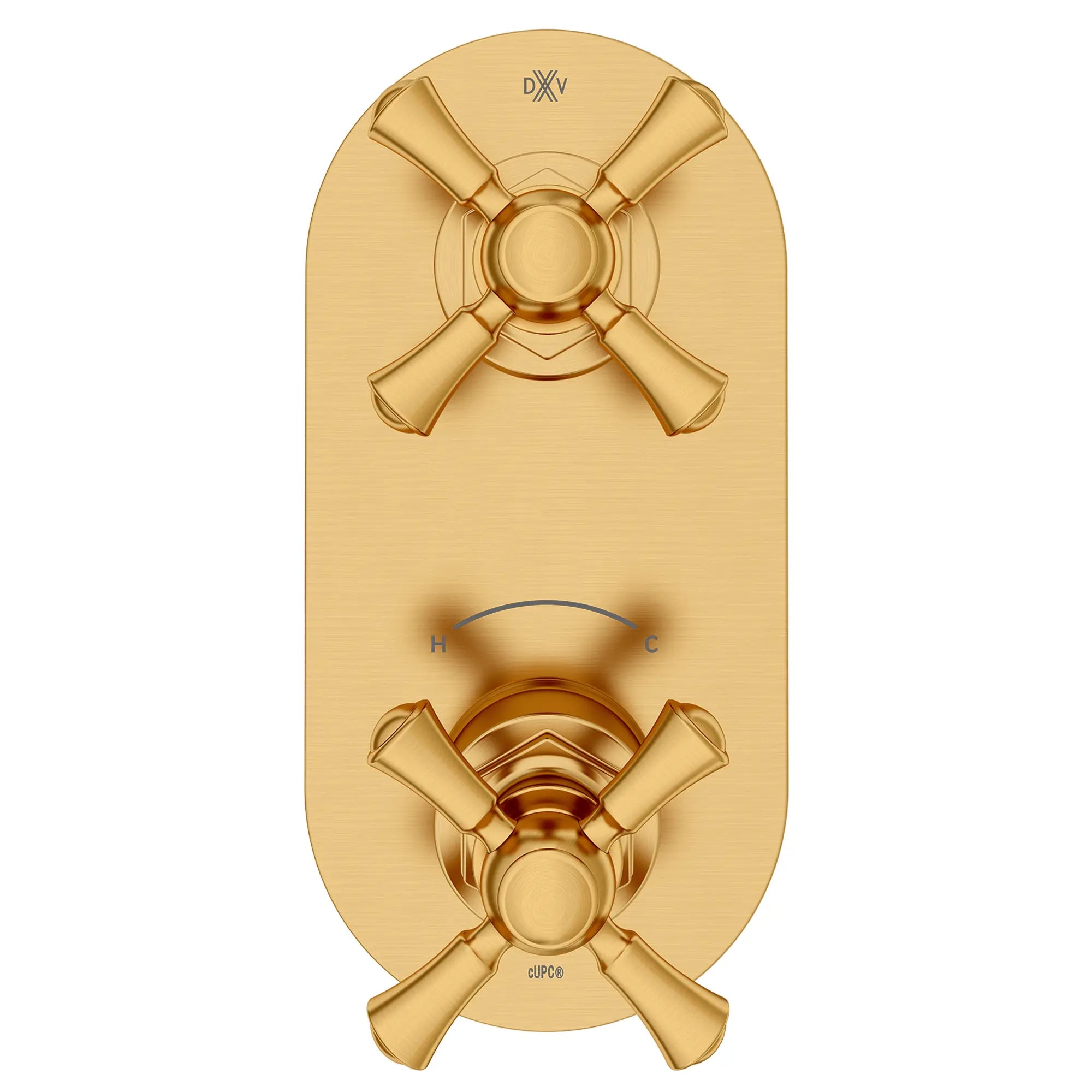 Garniture pour robinet thermostatique à deux poignées Oak Hill avec poignées en croix // SATIN BRASS // 95788_D35155528.427_CDNwebp.webp