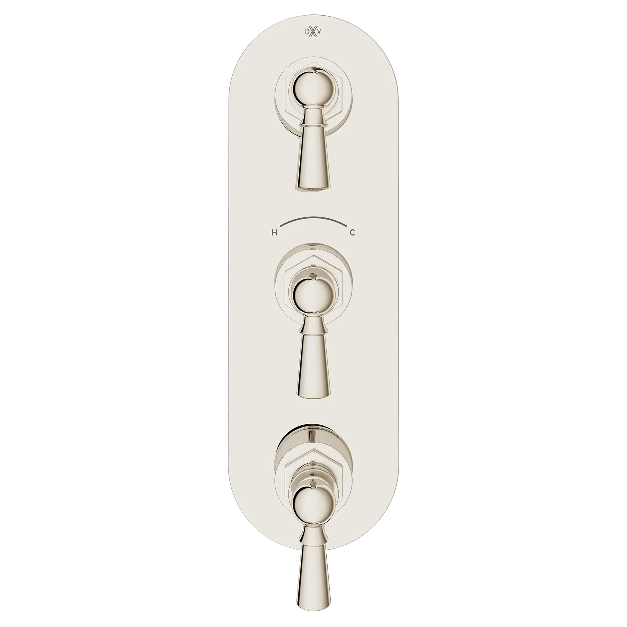 Garniture pour robinet thermostatique à trois poignées Oak Hill avec poignées à levier // PLATINUM NICKEL // 95804_D35155537.150_CDNwebp.webp