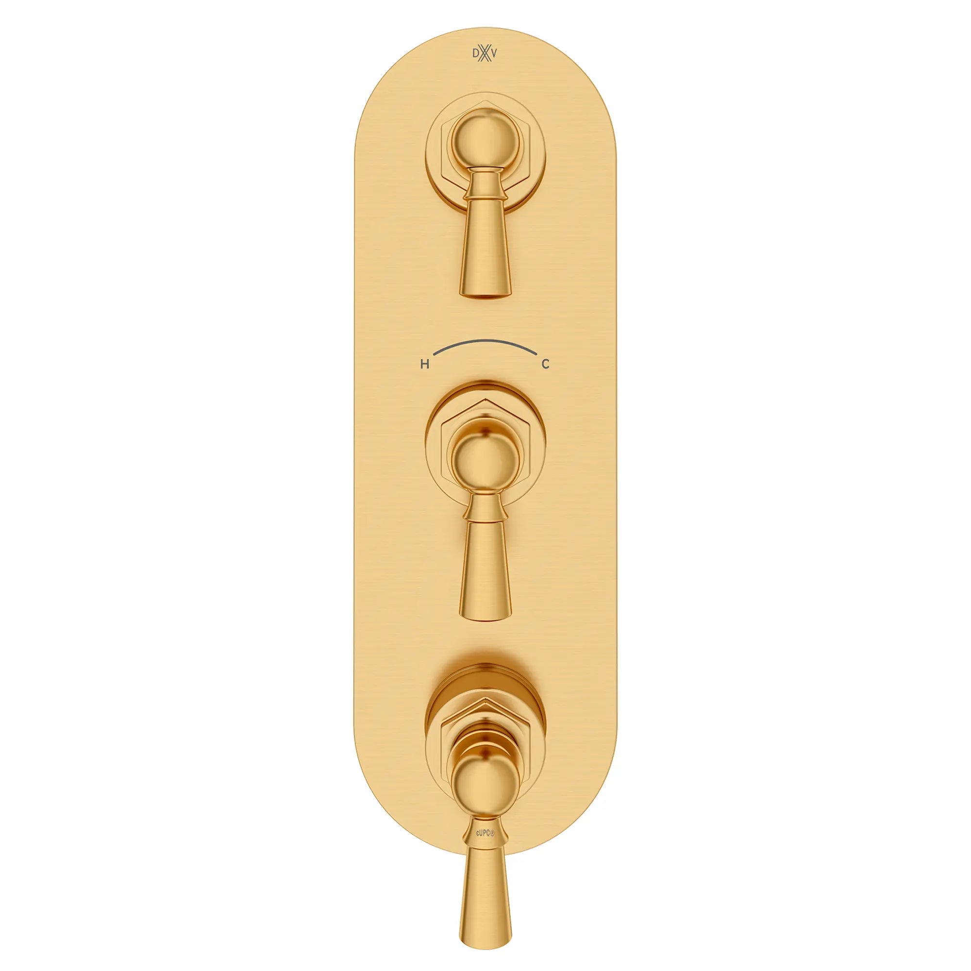 Garniture pour robinet thermostatique à trois poignées Oak Hill avec poignées à levier // SATIN BRASS // 95808_D35155537.427_CDNwebp.webp