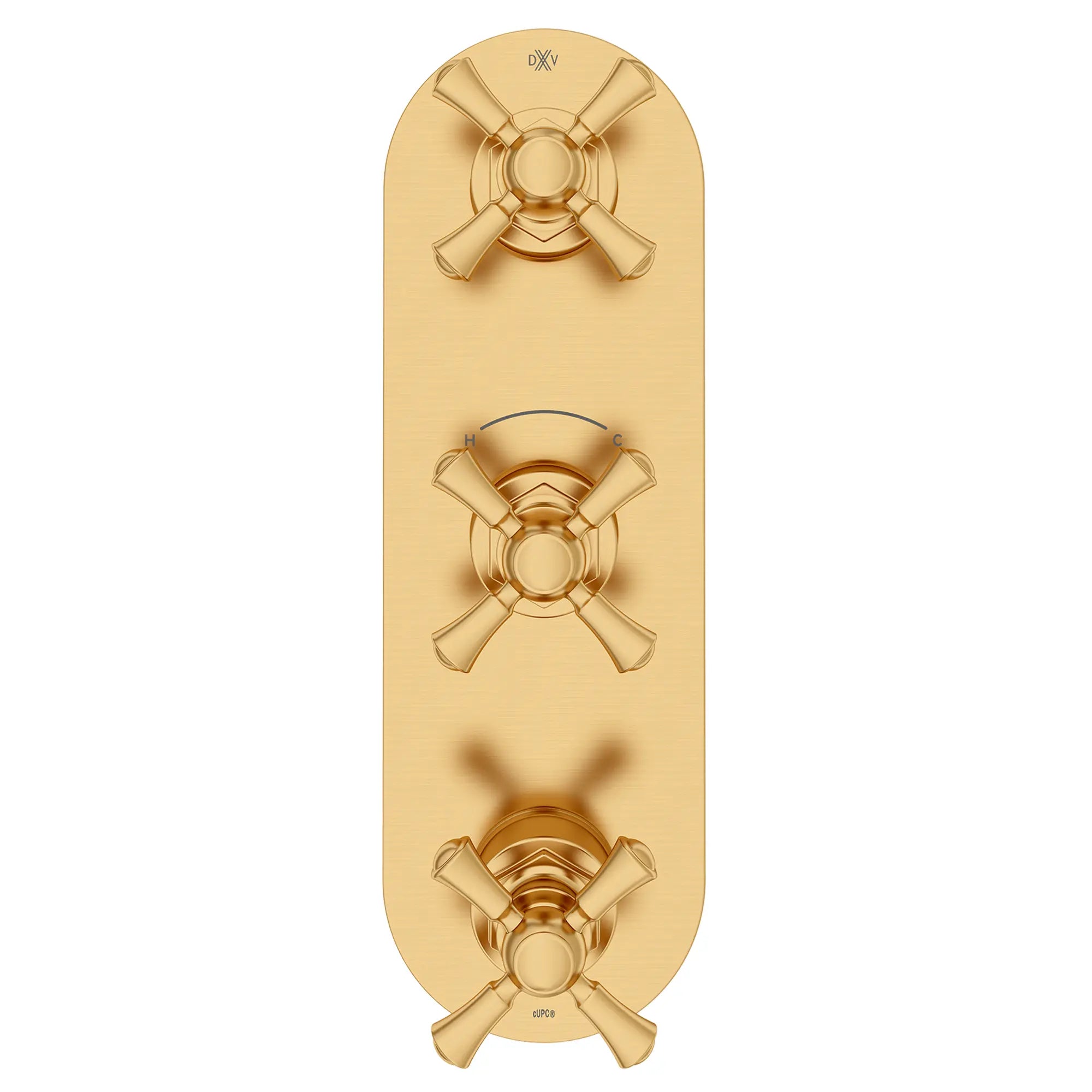 Garniture pour robinet thermostatique à trois poignées Oak Hill avec poignées en croix // SATIN BRASS // 95831_D35155538.427_CDNwebp.webp