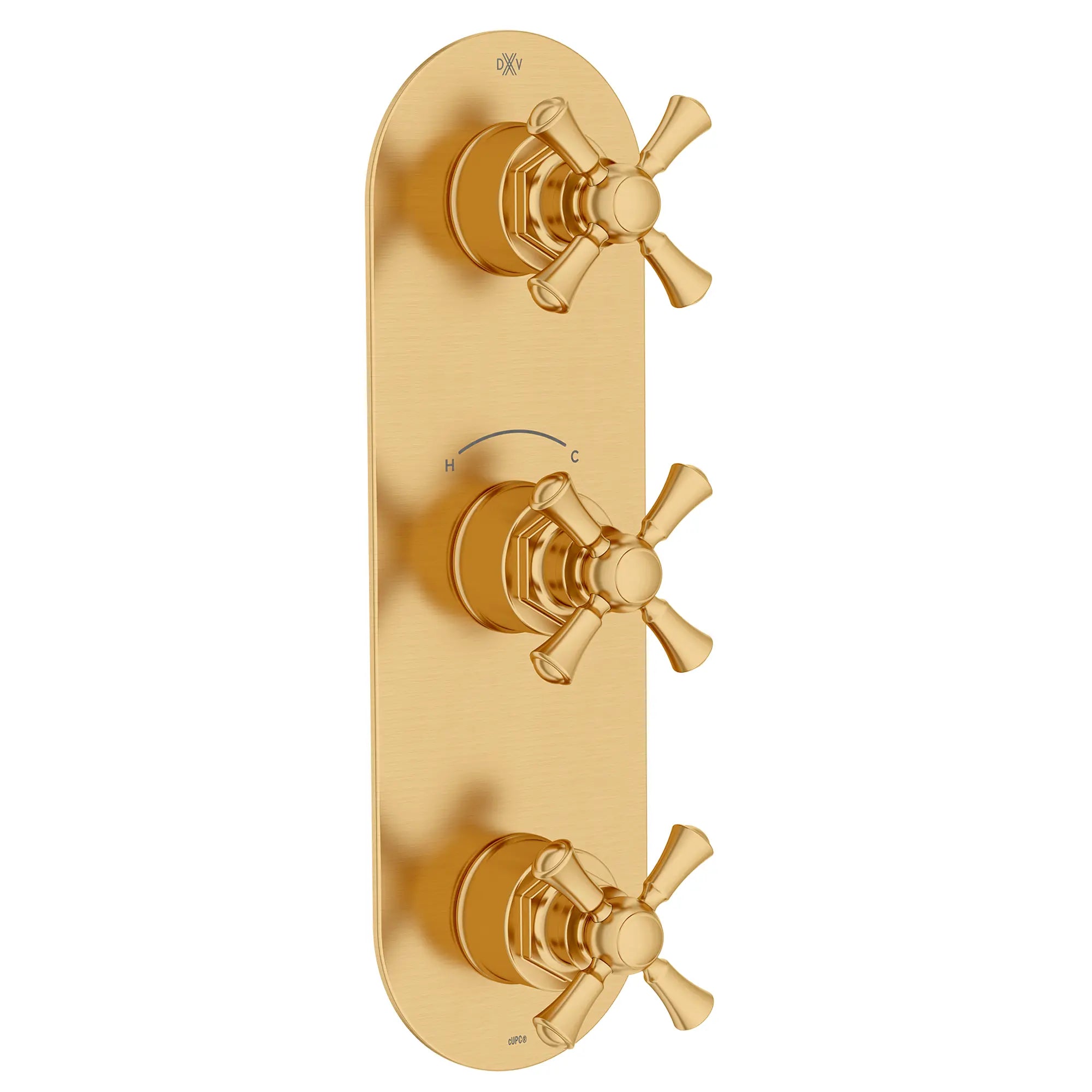 Garniture pour robinet thermostatique à trois poignées Oak Hill avec poignées en croix // SATIN BRASS // 95833_D35155538.427_1_CDNwebp.webp