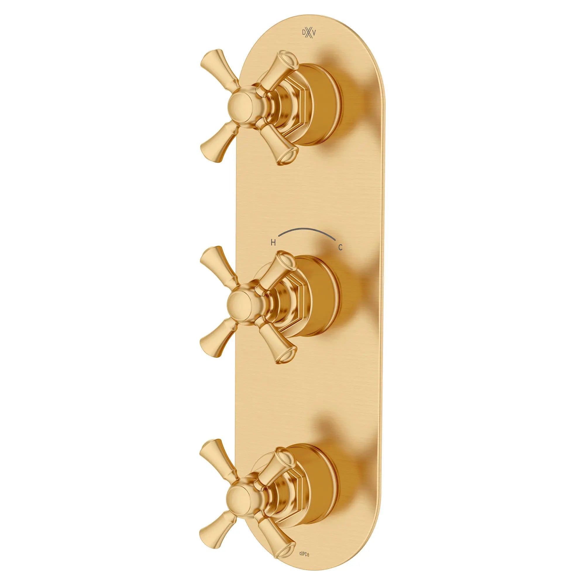 Garniture pour robinet thermostatique à trois poignées Oak Hill avec poignées en croix // SATIN BRASS // 95835_D35155538.427_2_CDNwebp.webp