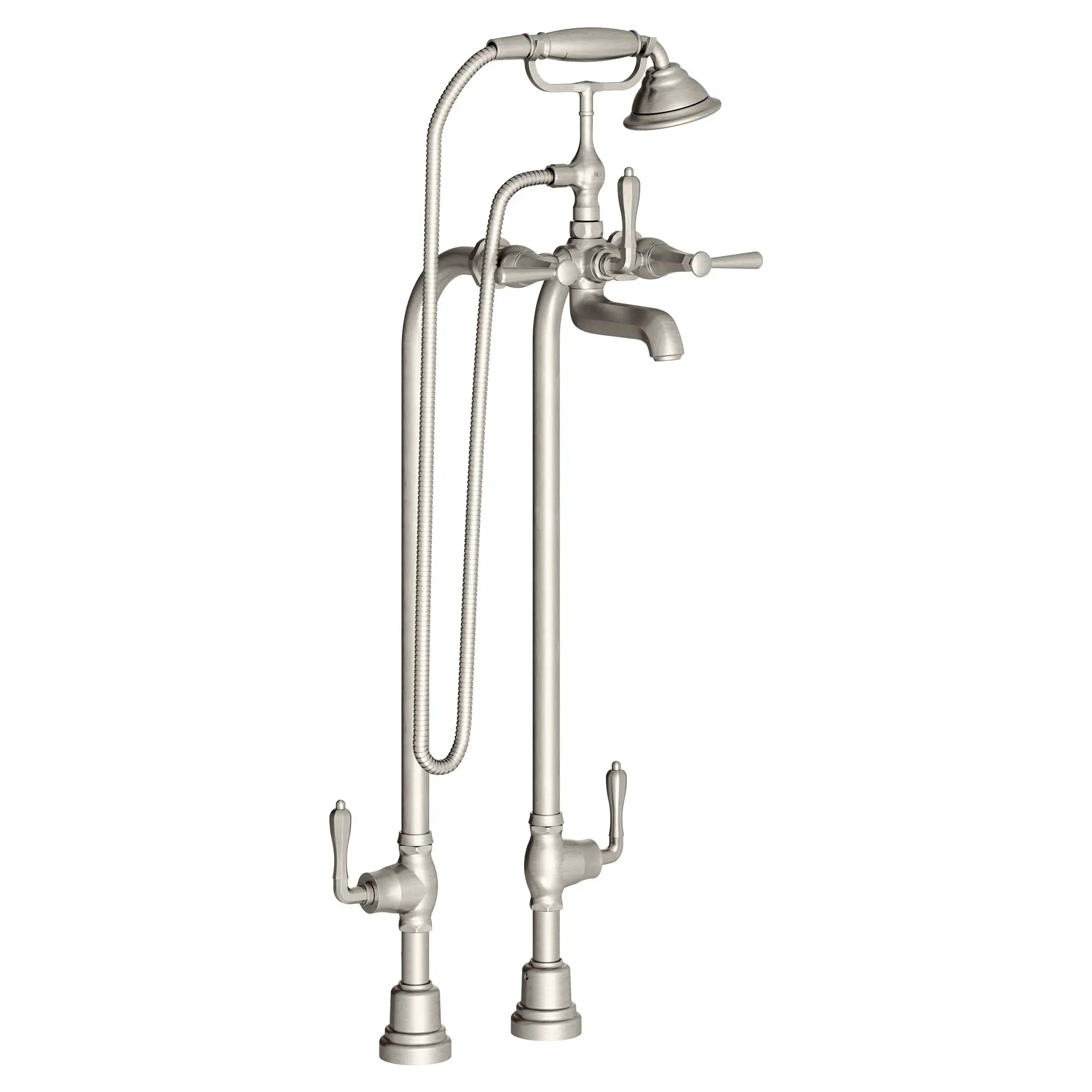 Robinet de bain à installation au plancher Fitzgerald avec à douchette et poignées à levier // NICKEL BROSSÉ // 96069_D35160950144_CDNwebp.webp
