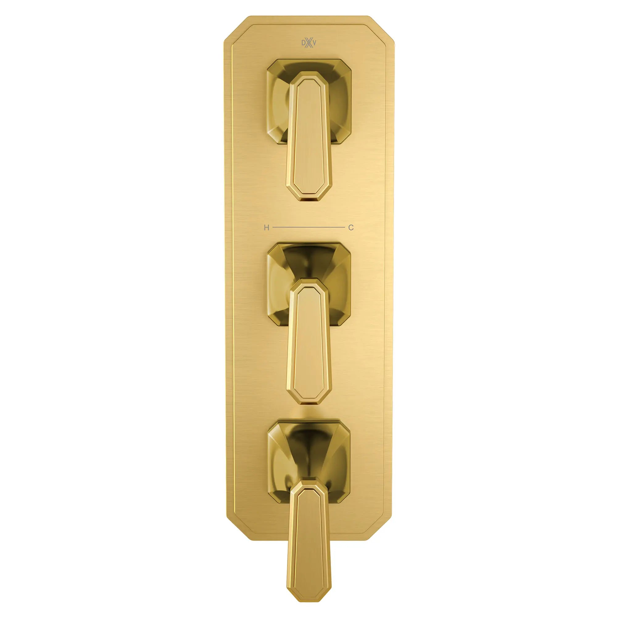 Garniture pour robinet thermostatique à trois poignées Belshire avec poignées à levier // SATIN BRASS // 96326_D35170537427_CDNwebp.webp