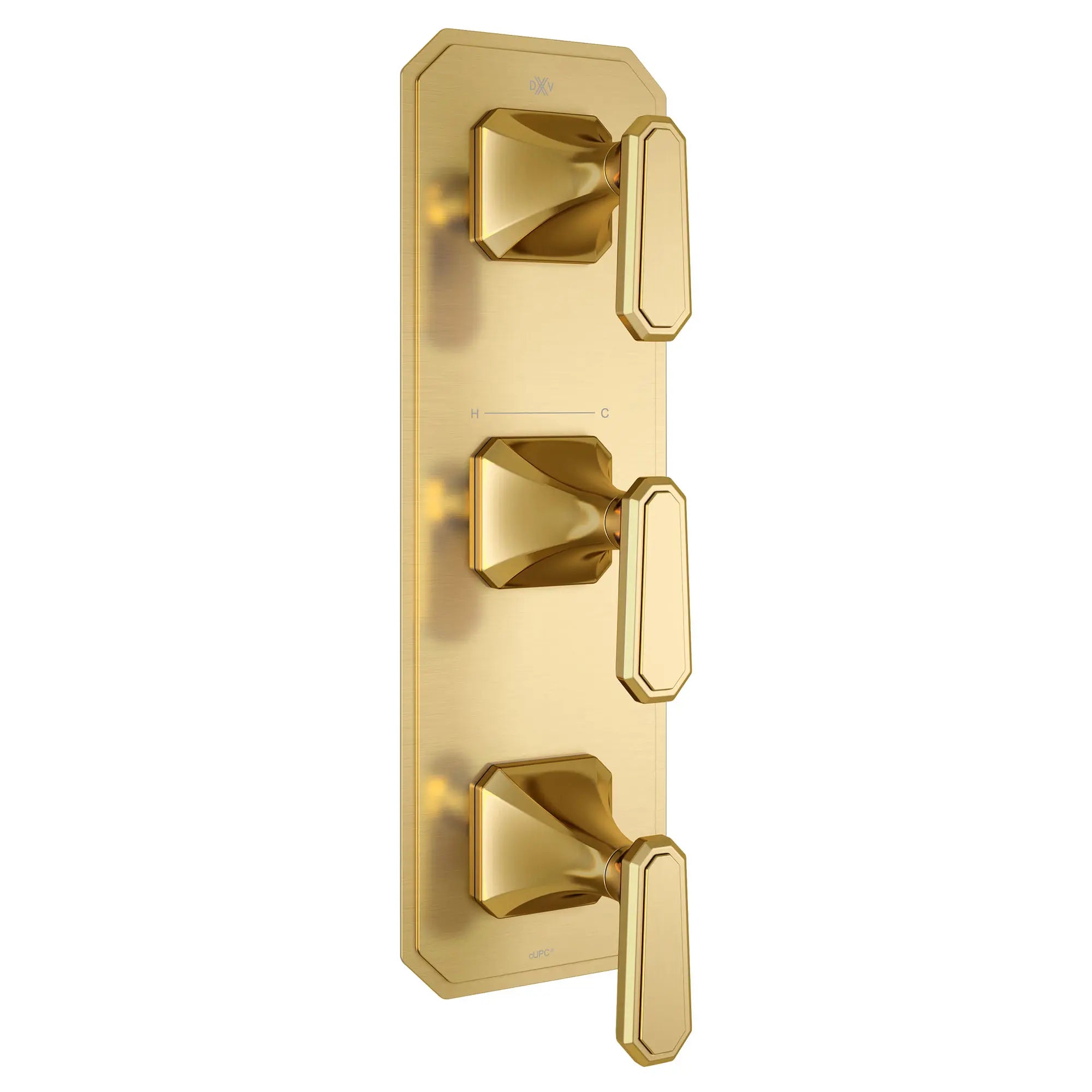 Garniture pour robinet thermostatique à trois poignées Belshire avec poignées à levier // SATIN BRASS // 96327_D35170537427_1_CDNwebp.webp