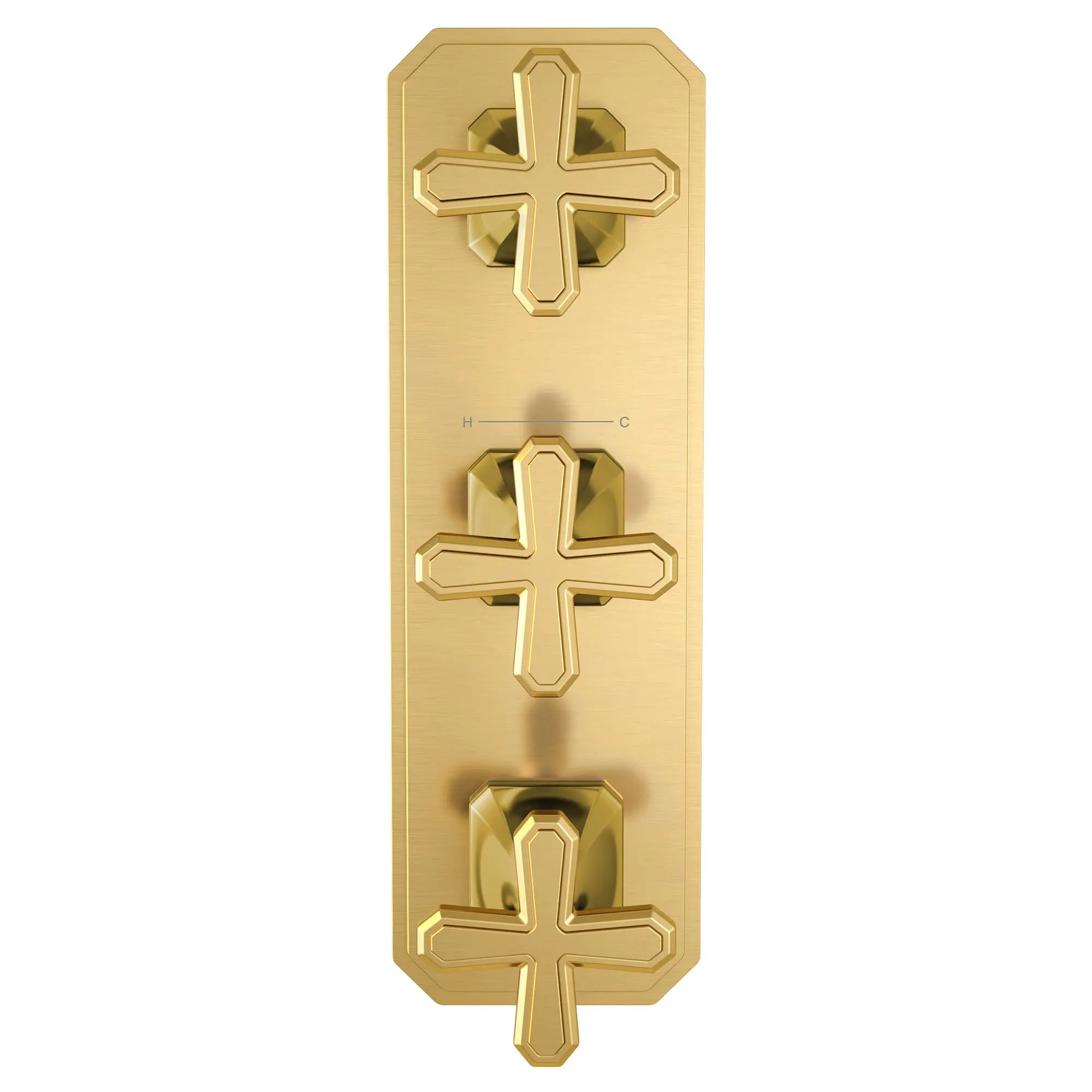 Garniture pour robinet thermostatique à trois poignées Belshire avec poignées en croix // SATIN BRASS // 96358_D35170538427_CDNwebp.webp