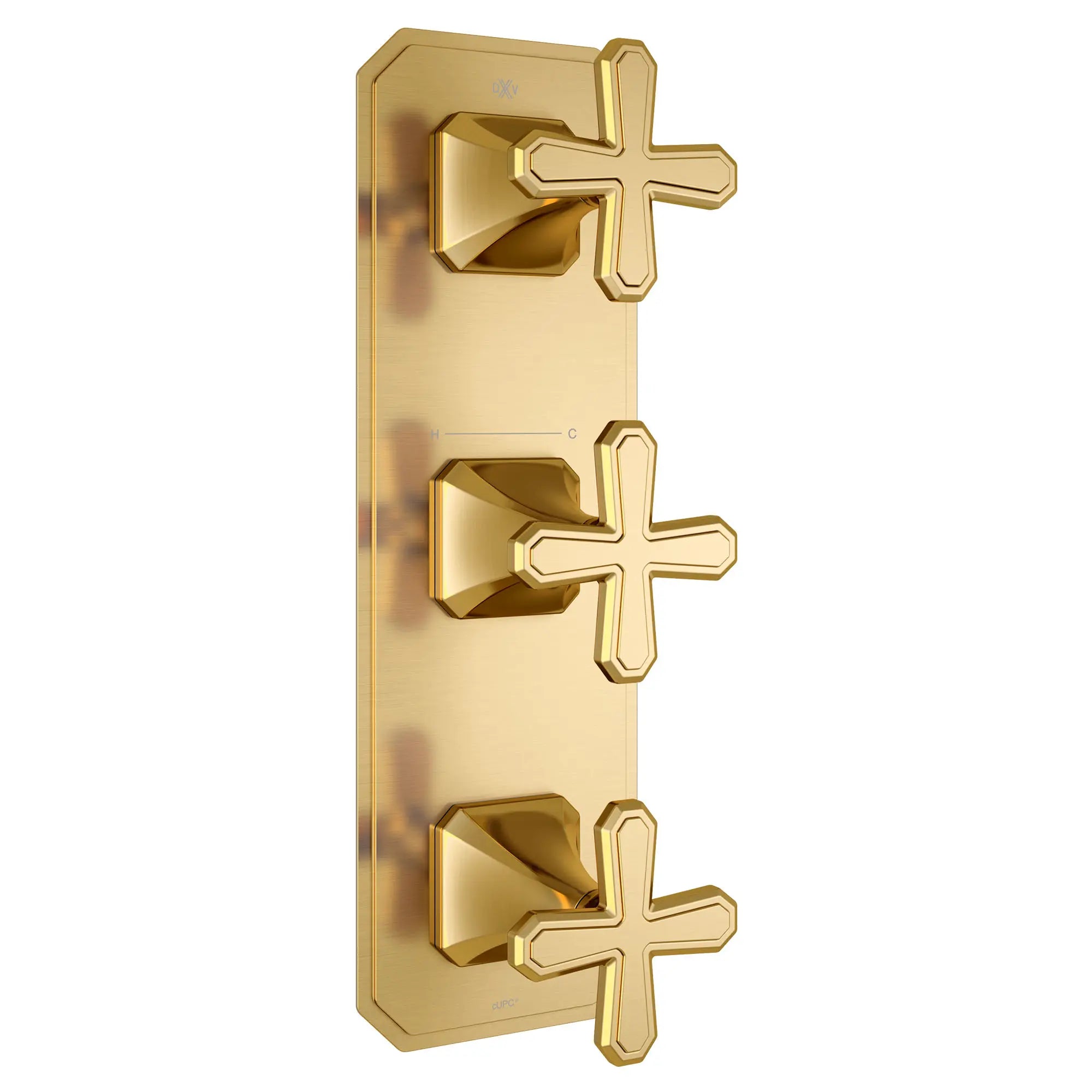 Garniture pour robinet thermostatique à trois poignées Belshire avec poignées en croix // SATIN BRASS // 96360_D35170538427_1_CDNwebp.webp