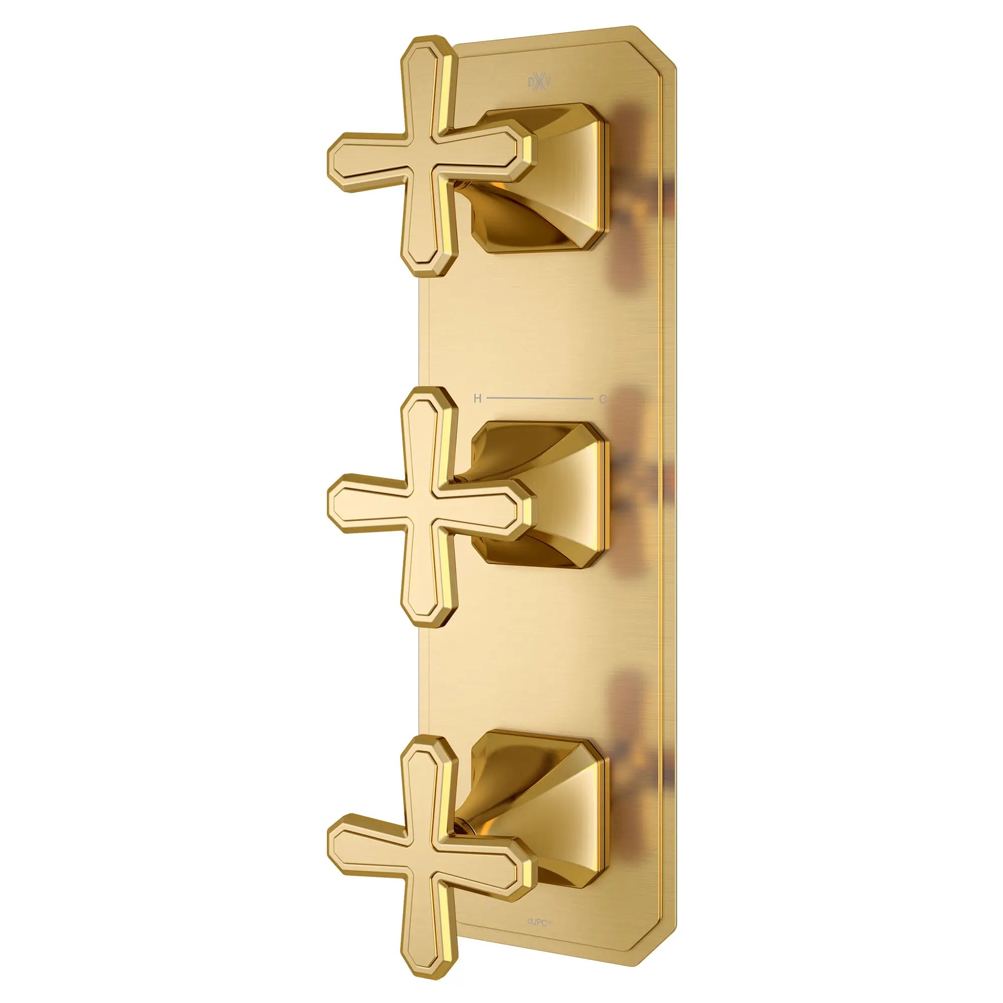 Garniture pour robinet thermostatique à trois poignées Belshire avec poignées en croix // SATIN BRASS // 96362_D35170538427_2_CDNwebp.webp
