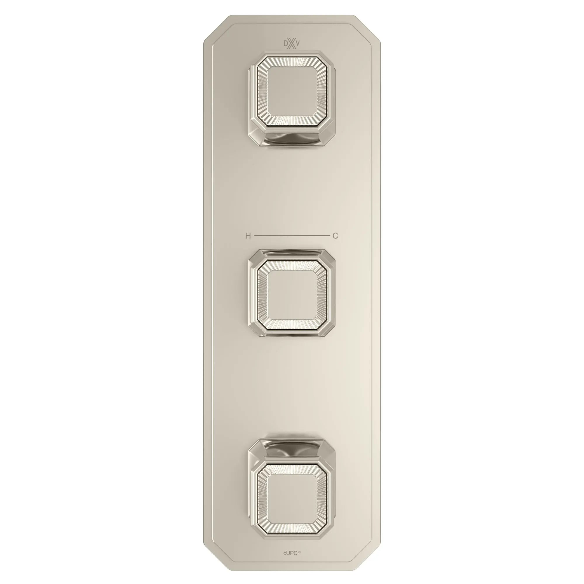 Garniture pour robinet thermostatique à trois poignées Belshire avec poignées pleines // PLATINUM NICKEL // 96385_D35170539150_CDNwebp.webp