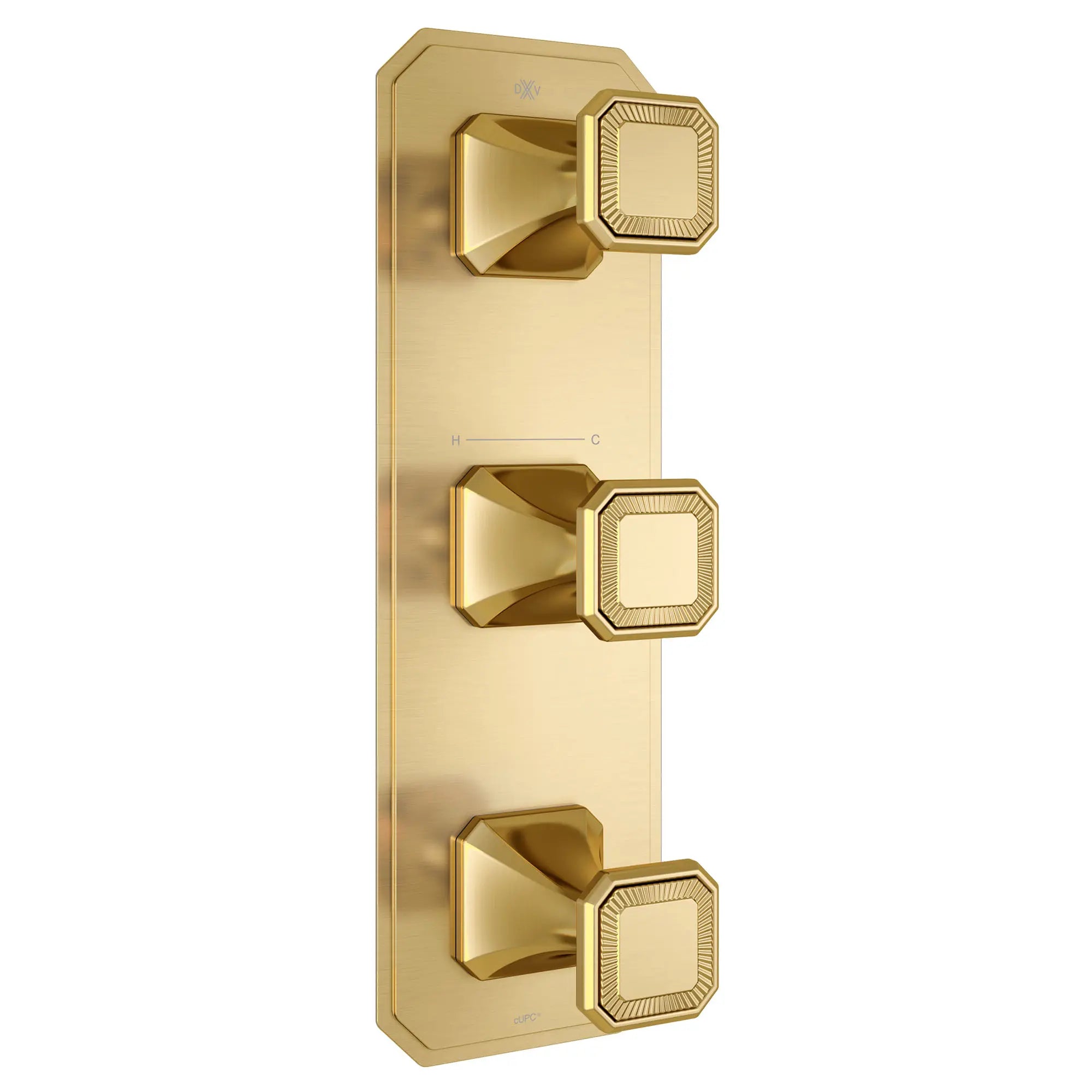 Garniture pour robinet thermostatique à trois poignées Belshire avec poignées pleines // SATIN BRASS // 96406_D35170539427_1_CDNwebp.webp