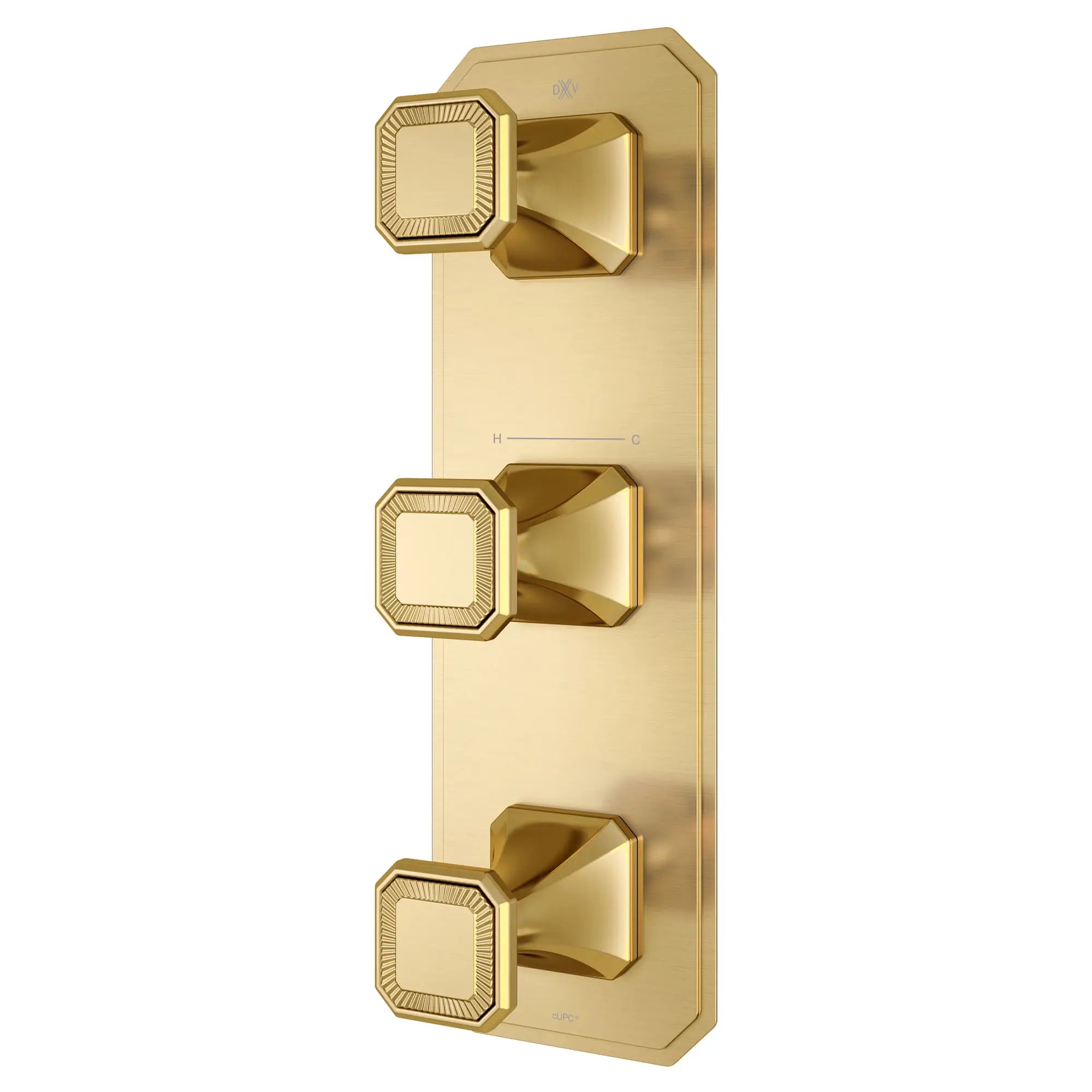 Garniture pour robinet thermostatique à trois poignées Belshire avec poignées pleines // SATIN BRASS // 96407_D35170539427_2_CDNwebp.webp
