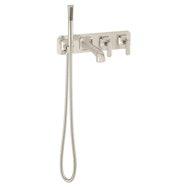 [D35170980.150] Belshire® 2-Handle Wall Mount Bathtub Faucet with Hand Shower and Lever Handles - Polished Chrome